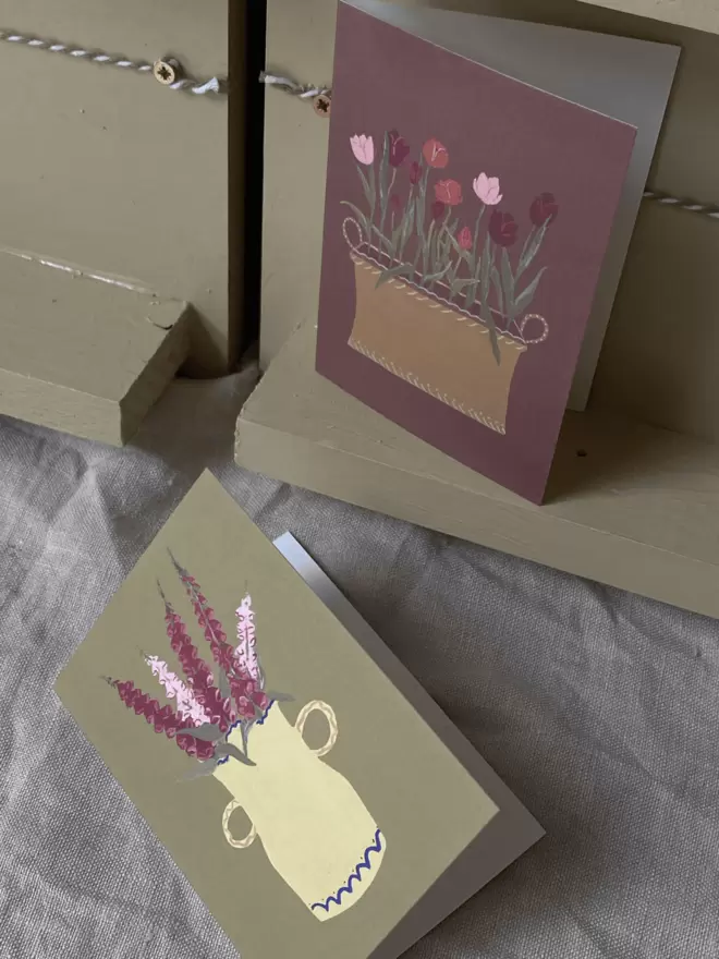 floral cards with foxgloves and tulips on