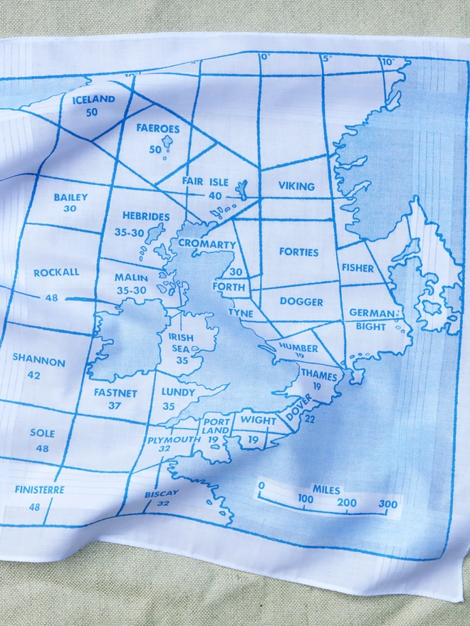 Vintage Map of the UK shipping areas printed on to a cotton hankie