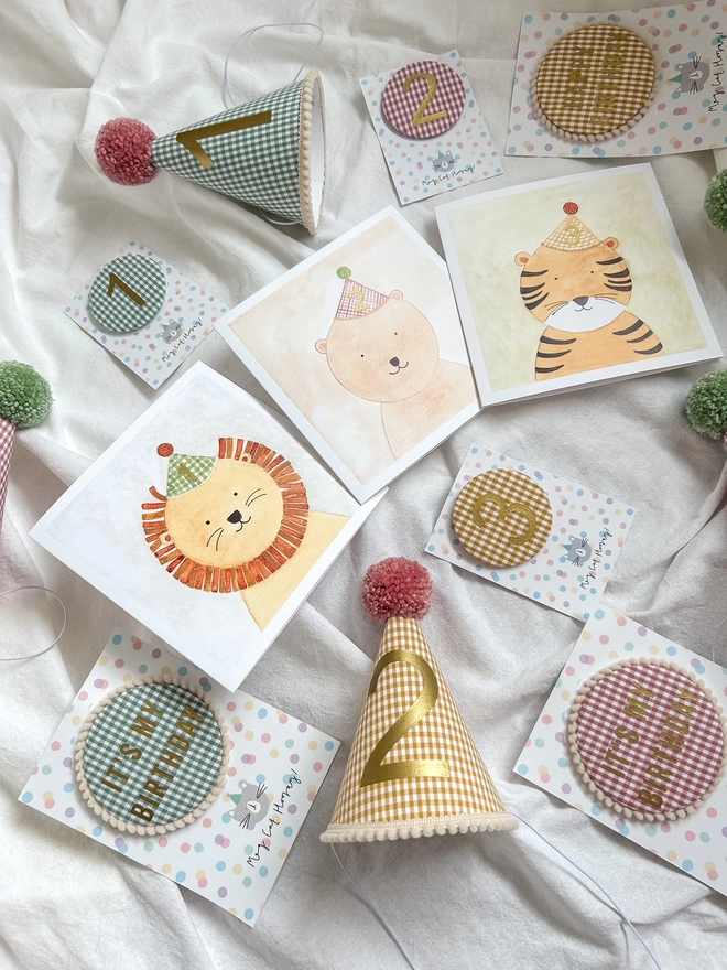 Animal Birthday Cards and Matching Party Hats & Birthday Badges