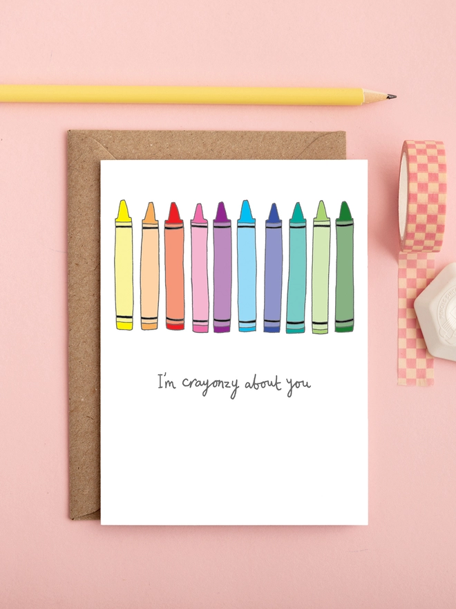 Funny and humorous love card featuring coloured crayons 