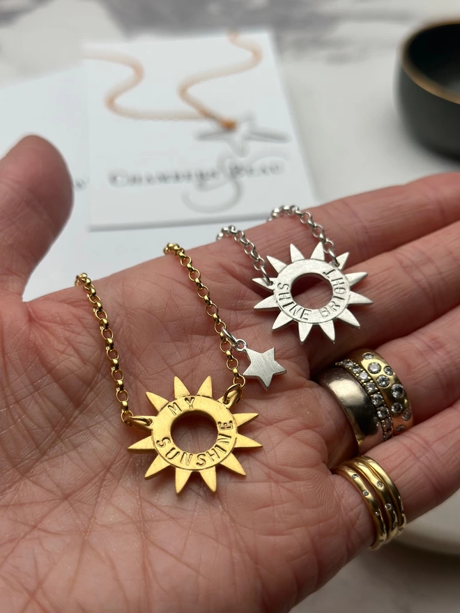 sterling silver sun charm on silver chain and gold plate sun charm on gold chain with silver mini star