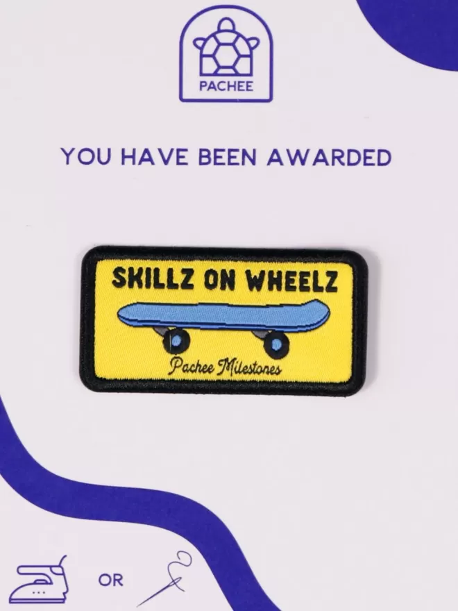 Skillz on Wheelz Patch is seen on the blue and white Pachee gift card.
