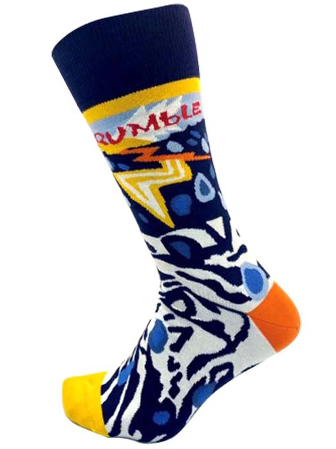Close up of 100% Organic charity cotton Rumble Socks in blue & yellow lightening illustrations