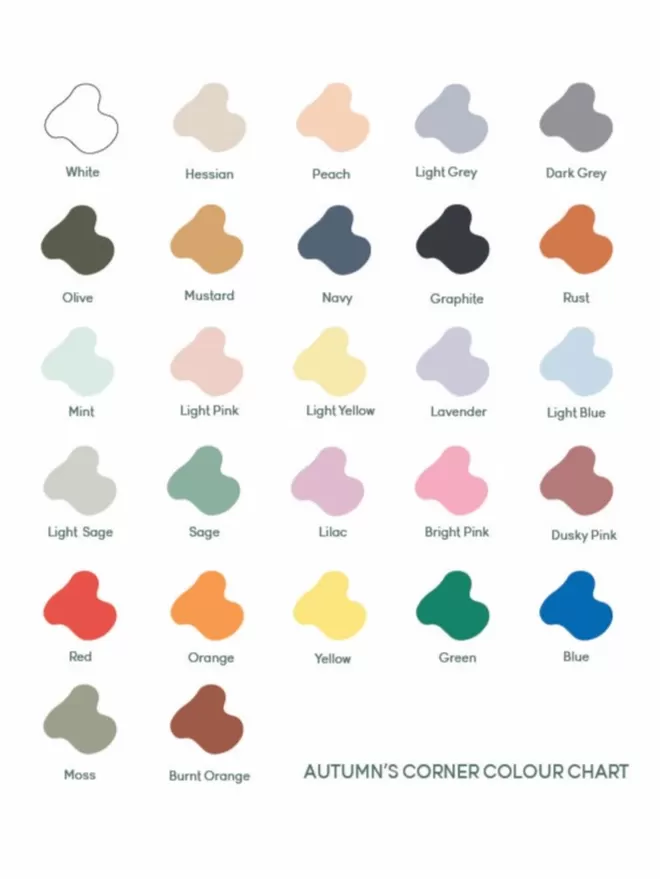 Our Autumn's Corner Colour chart. 27 beautiful colours you can choose from to customise the shelves you purchase from us.