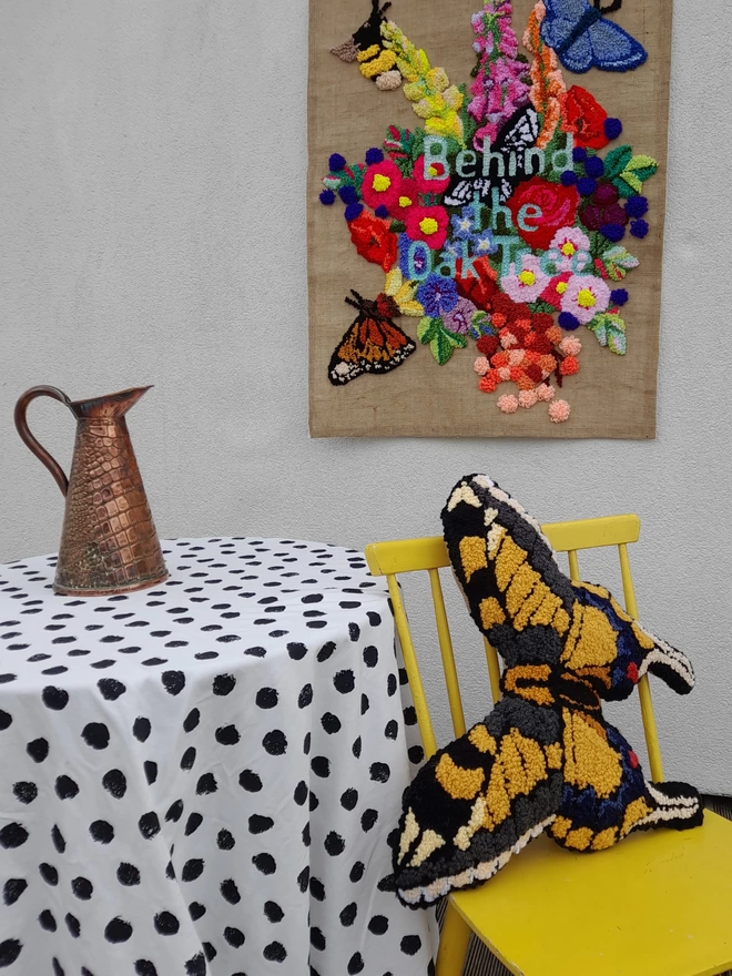 Stunning big Butterfly Cushion with flower Wallhanging and polka dot table 
