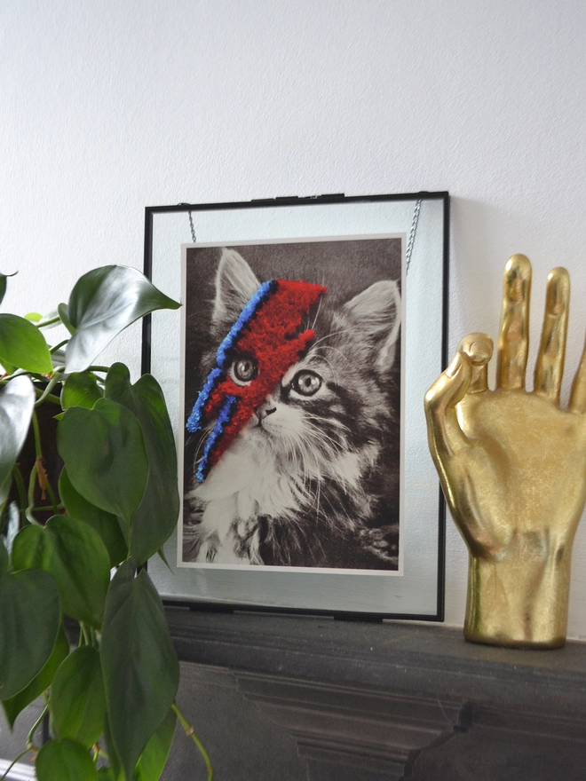 Black and white cat print with red and blue embroidered bolt in frame on shelf