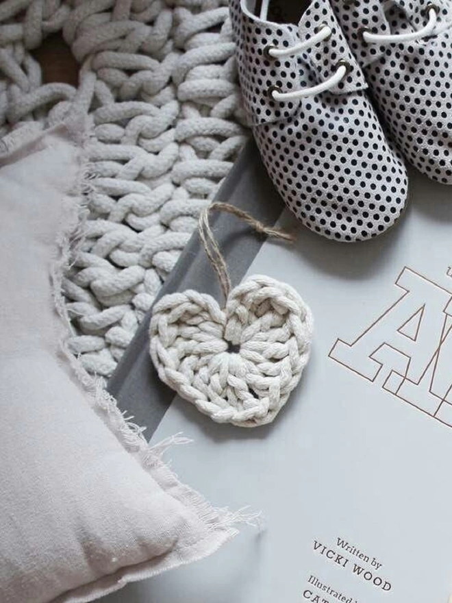  hand crocheted hanging heart gift idea oatmeal colour