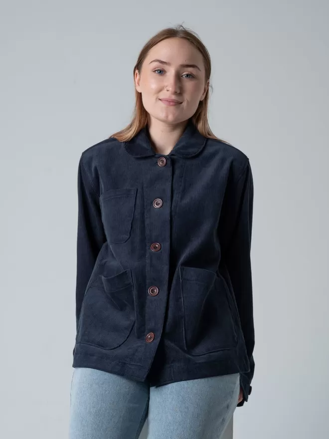 Corduroy jacket in storm blue., front view
