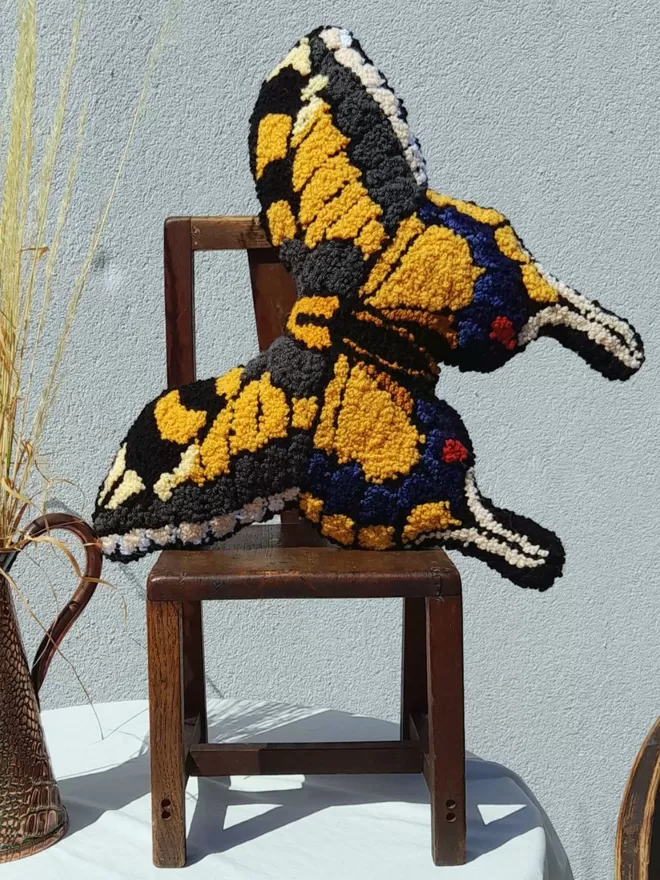 Beautiful Yellow Swallow Tail Butterfly Cushion on Vintage chair 