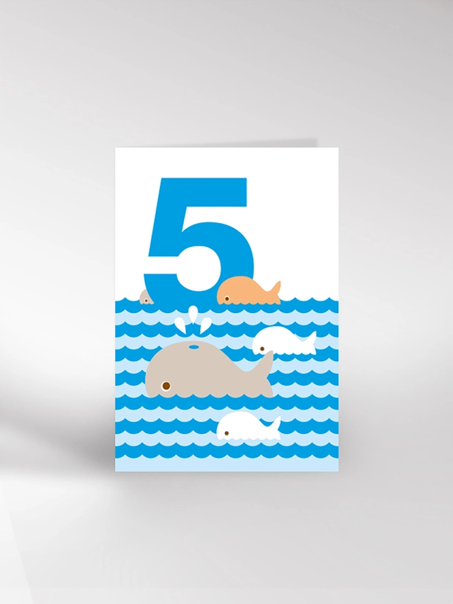 Birthday card with the number 5 and whales