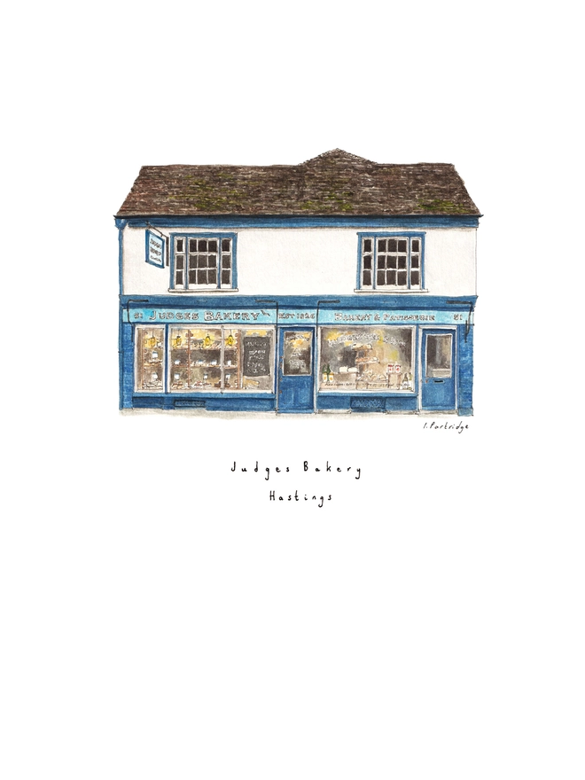 Watercolour illustration of Judges Bakery a beautiful blue shopfront with windows full of bakery goods sits below a white first floor and dark brown / grey roof.  
