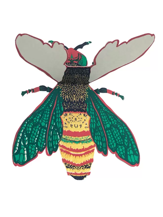 Close-up, detailed shot: 3D red and green wasp card with a 'hidden' cream coloured message space beneath the wings