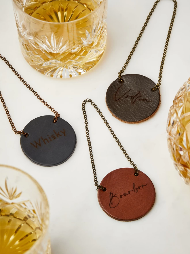 Leather Decanter Tags. Available in chocolate brown, cognac tan and midnight blue