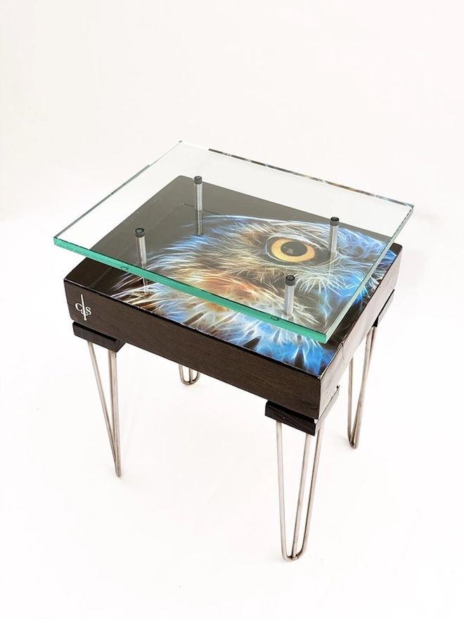 square owl side table with glass top