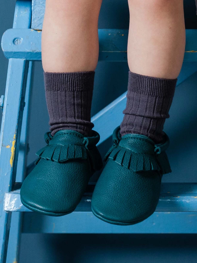 Petrol Green Handmade Leather Baby Moccasins