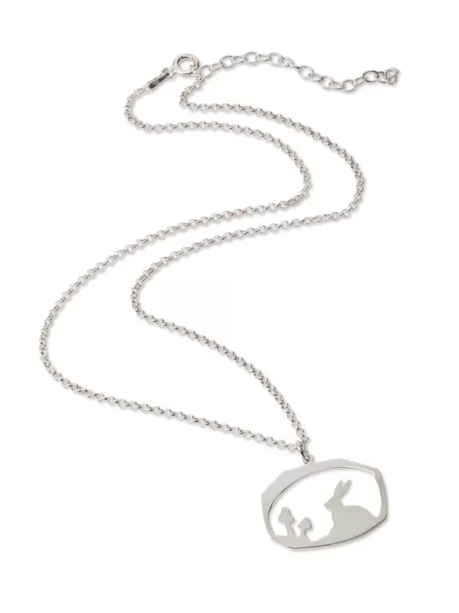 Silver Necklace flatlay with silver pendant showing rabbit and nature