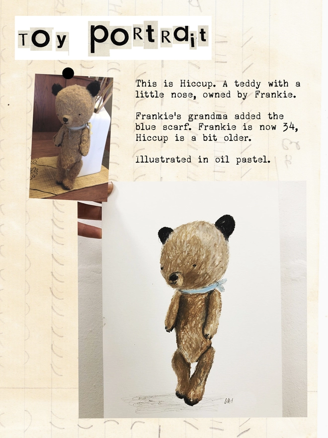 sketchbook page with photograph of bear toy and drawing of bear toy with blue necktie