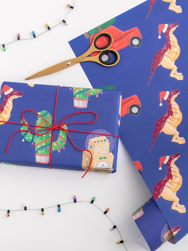 Colourful and festive kitsch Christmas gift wrap