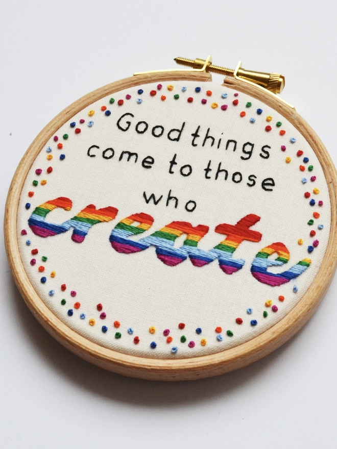 Good things come to those who create rainbow embroidery wall decor