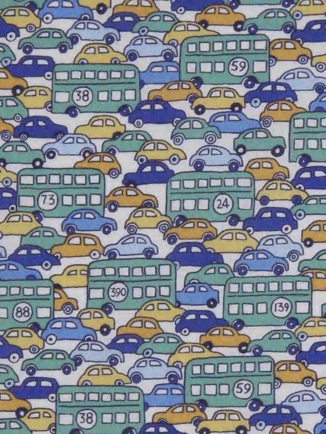 Hop On Hop Off Liberty print with vintage busses and cars in green blue and yellow