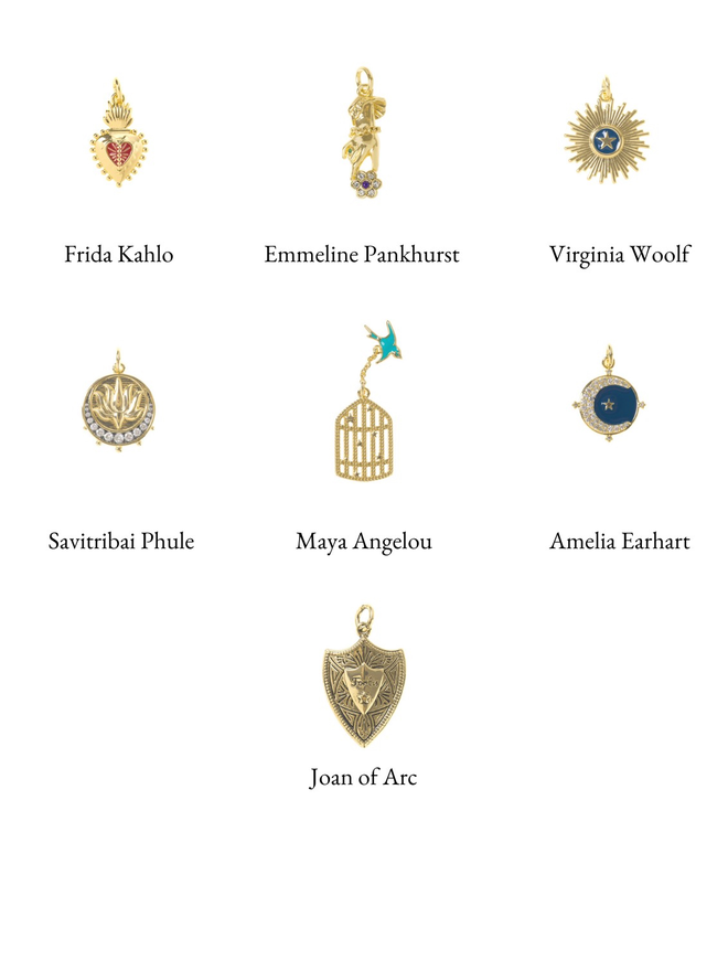 Collection of gold charms that represent strong women throughout history against a white background