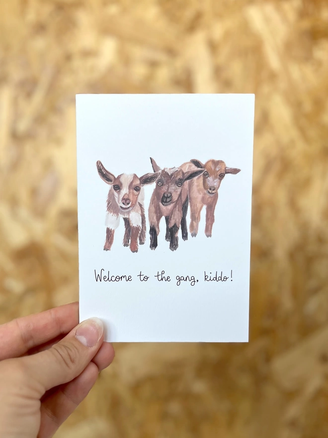a greetings card featuring three baby goats with the phrase “welcome to the gang kiddo”