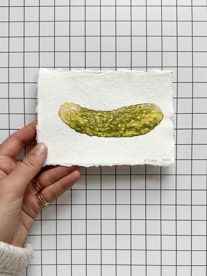 Gherkin pickle original gouache painting on chequered background