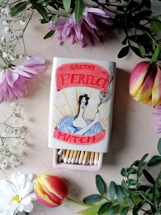 Bespoke "Perfect Match" Greta ceramic unique hand painted matchbox