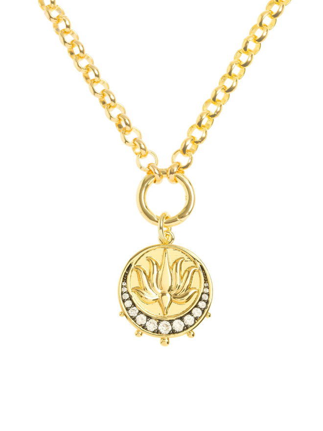 Gold and stone set lotus medallion charm on a gold charm holder with a gold belcher chain