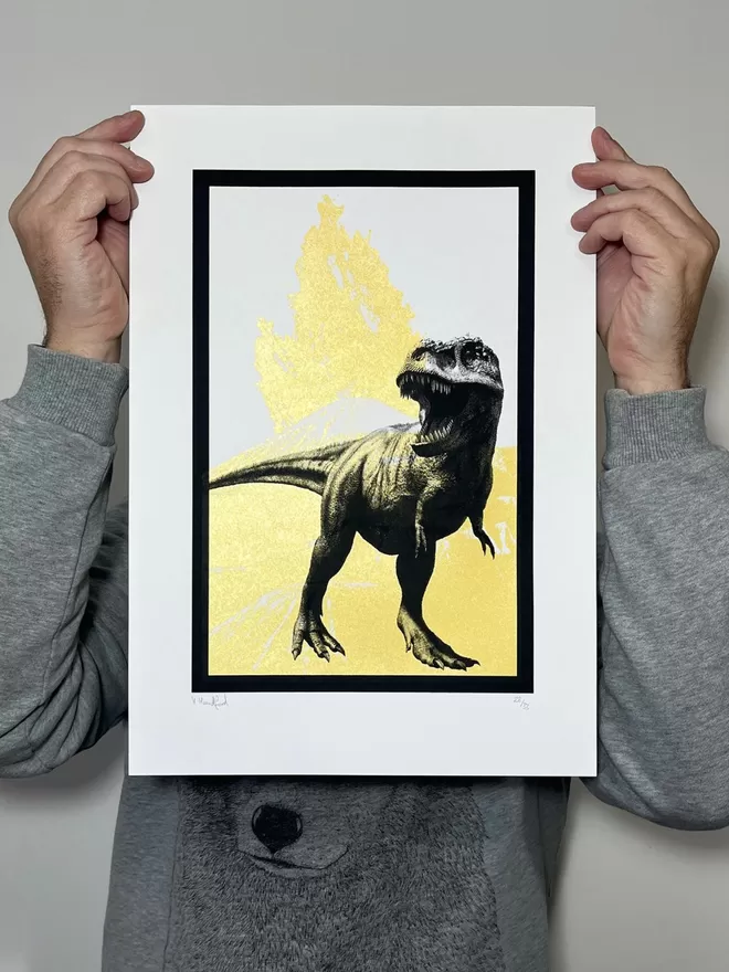 T Rex (Medium Gold) – Screen Printed Dinosaur Poster - scale shot