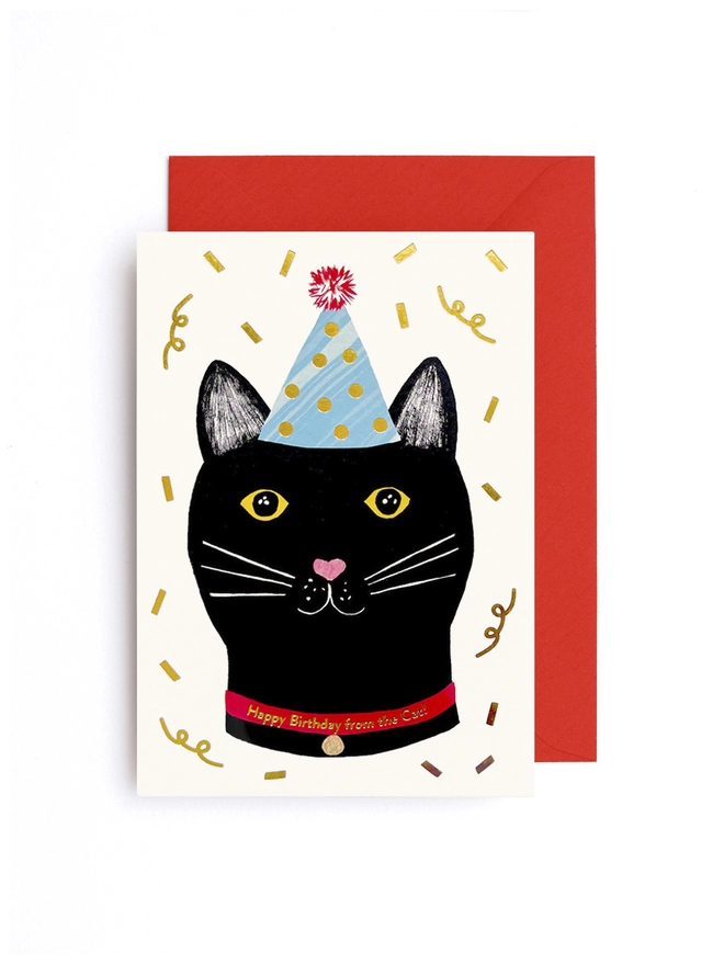 A greeting card featuring a cat wearing a party hat, streamers all around,it says 'Happy Birthday From The Cat' on its collar