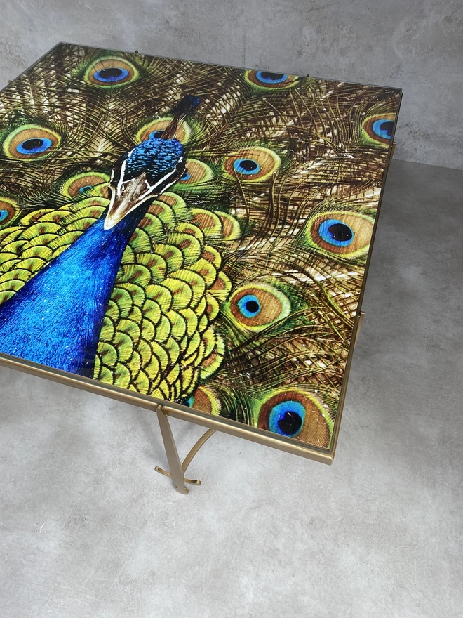 peacock artwork on glass top table
