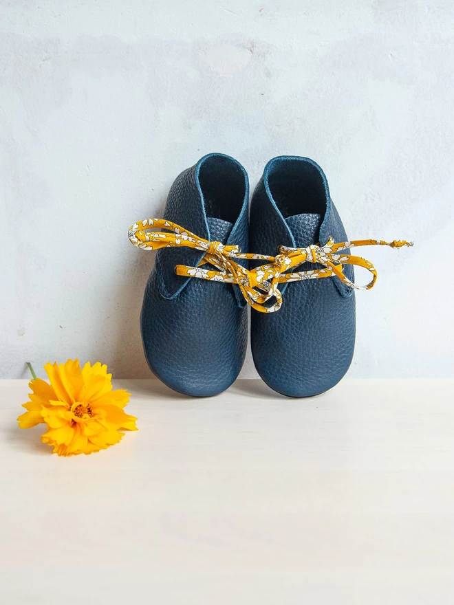 Ink Blue Leather Baby Shoes with Liberty Print Laces