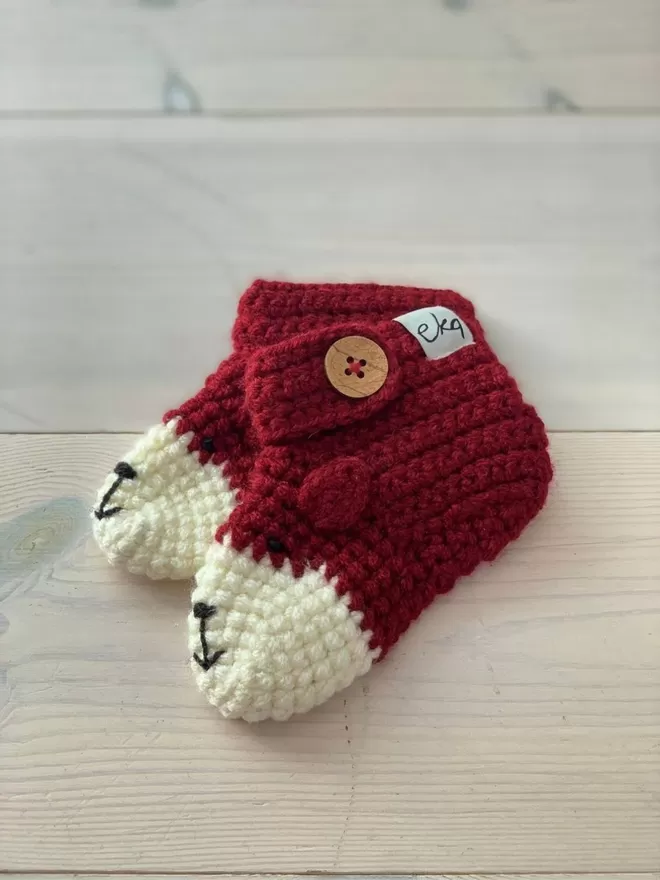 Red and white knitted Eka Animal Booties.