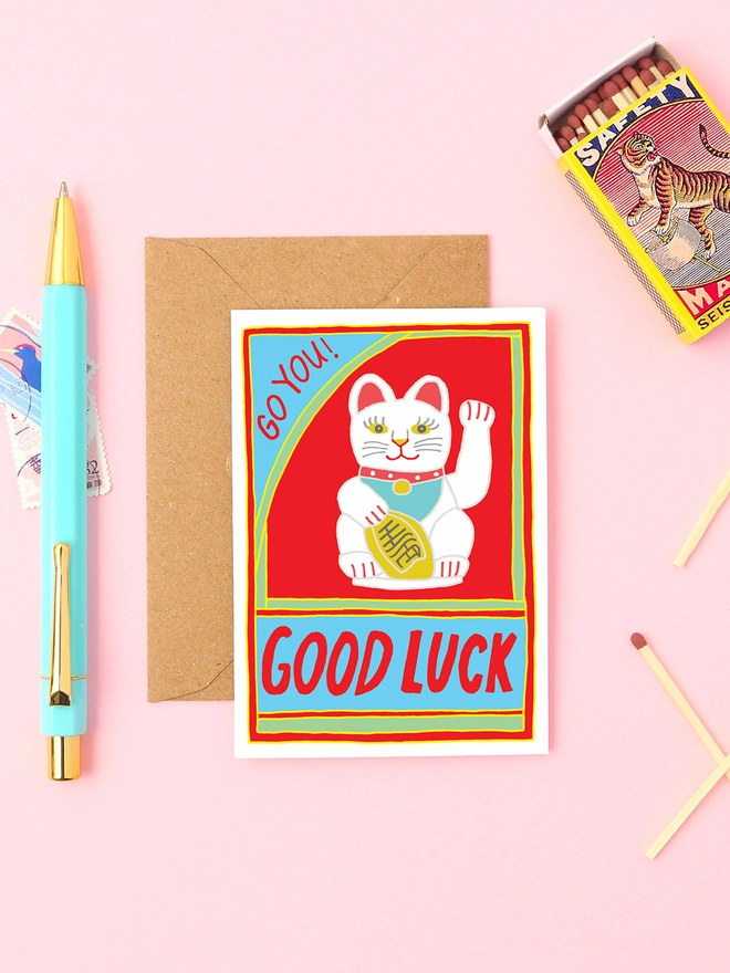 Good luck mini greeting card with Chinese lucky cat