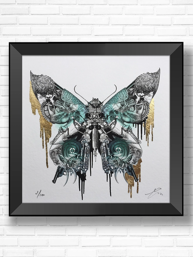 barricade, hand finished gold leaf digital butterfly print. Tattoo art style, black in
