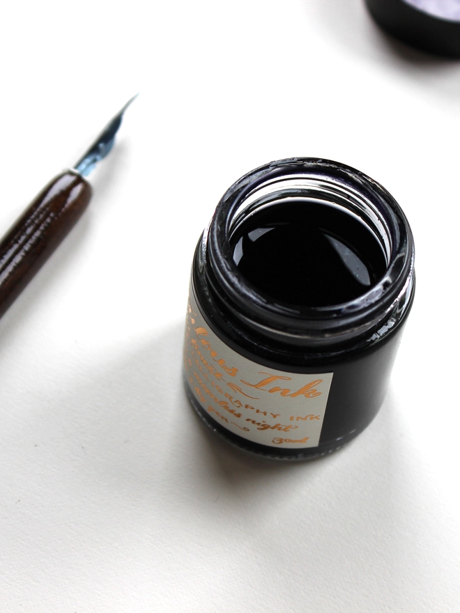 Meticulous Iron Gall Ink - Open pot with nib holder