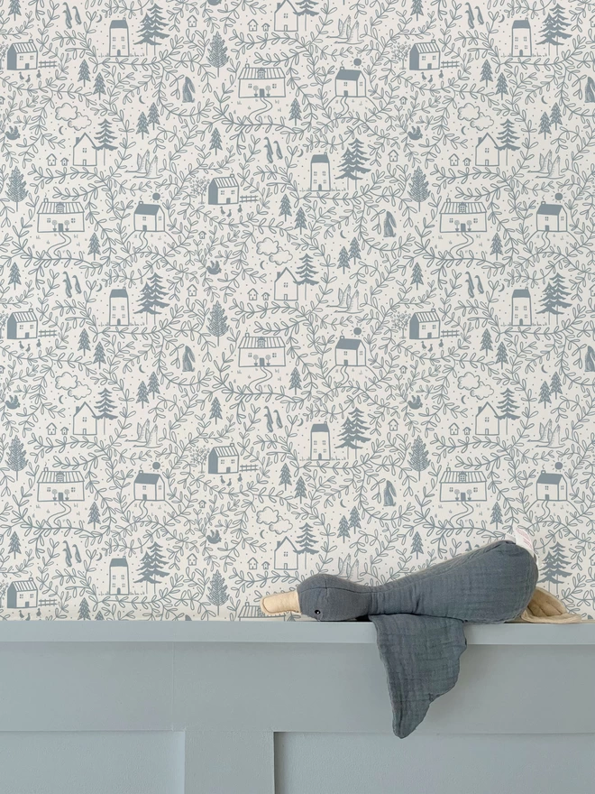 Cottages in the woods dusk blue wallpaper in girls nursery with blue wall panelling