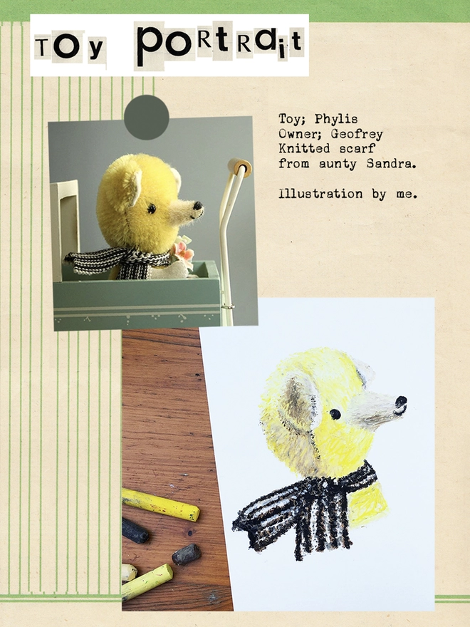 sketchbook page with photograph of yellow bear toy and drawing of same bear with oil pastels