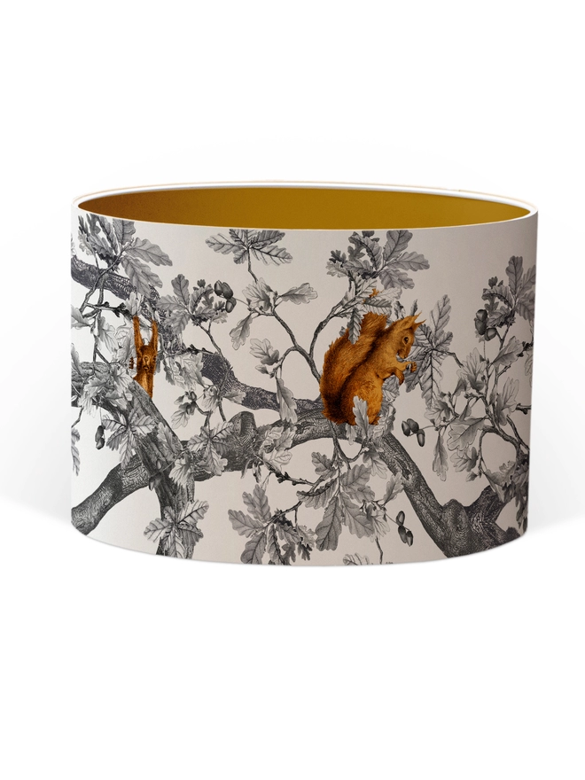 Drum Lampshade featuring Red Squirrels with a Gold inner on a white background