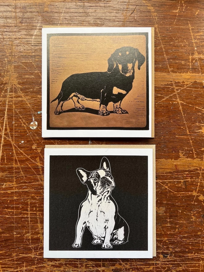 smooth haired dachshund and French bull dog cards