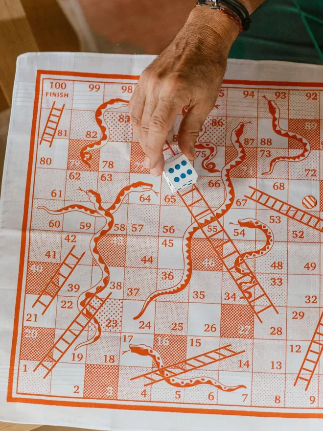A Mr.PS Snakes and Ladders board game handkerchief with cut out dice being played with family