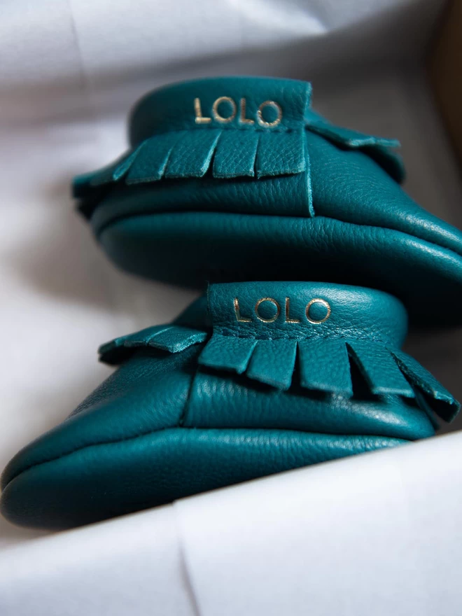 Petrol Green Handmade Leather Baby Moccasins