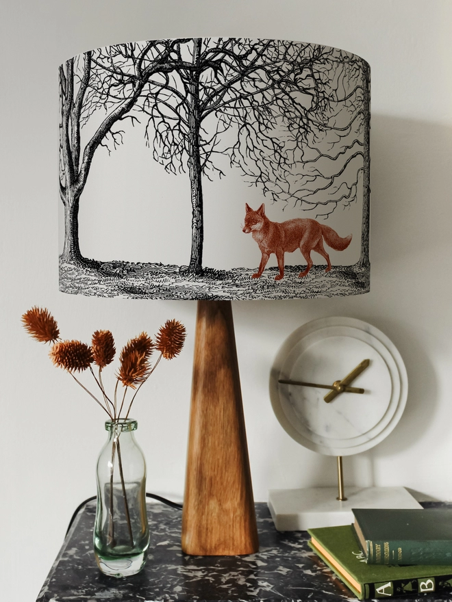 Mountain and Molehill – Foxes in winter woodland lampshade on base with ornaments