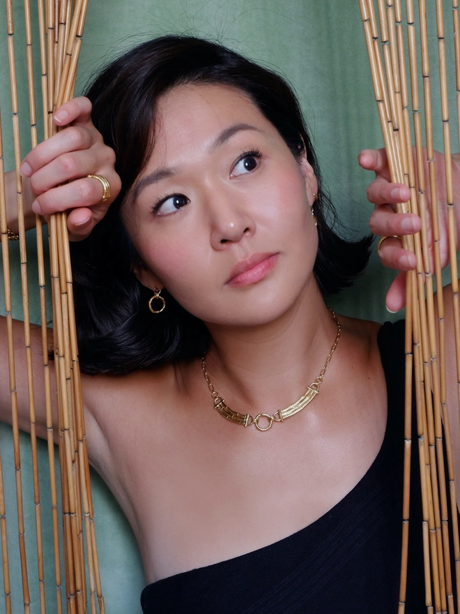 Gold Vermeil Bamboo bar sectional necklace with ring, on chain. model, bamboo curtain