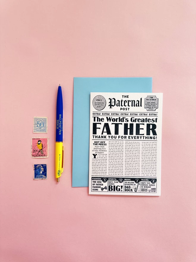Best Dad Newspaper Greeting card  The perfect greeting card for 'The World's Greatest Father'. This fun vintage inspired newspaper card is sure to be a card that is kept forever.  designed by Flora Fricker