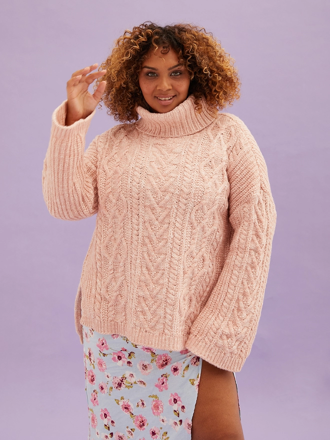 Emily Cable Roll Neck Tunic Jumper - Dusky Pink - Front