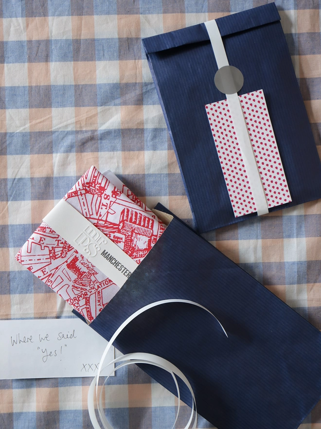 A Mr.PS Manchester Map hankie with optional gift wrapping; navy paper, white ribbon and patterned gift card