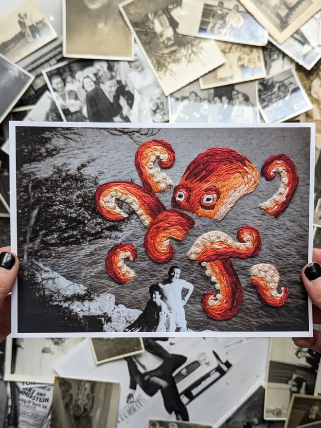 B&W print of photo of couple with embroidered octopus behind them, held against vintage photos