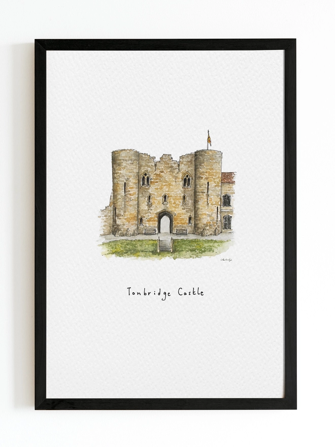 Beautiful watercolour illustration of Tonbridge Castle, Tonbridge, Kent.  A wonderful sandstone coloured castle with two turrets either side of an arched entrance. A flag sits at the top and to the left a slightly eroding wall. The green castle lawn and steps down to the grass sit in front of the arch. The watercolour style is painted with a black pen outline and organic loose style with small details.  The print is on white background with black frame around.